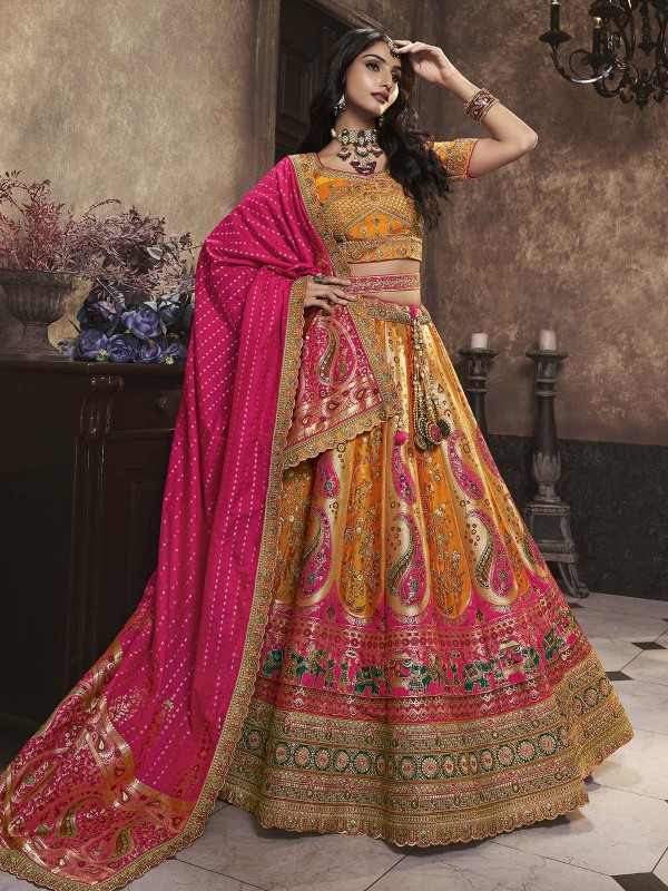 Bright Orange N Pink Banarshi Silk Lehenga